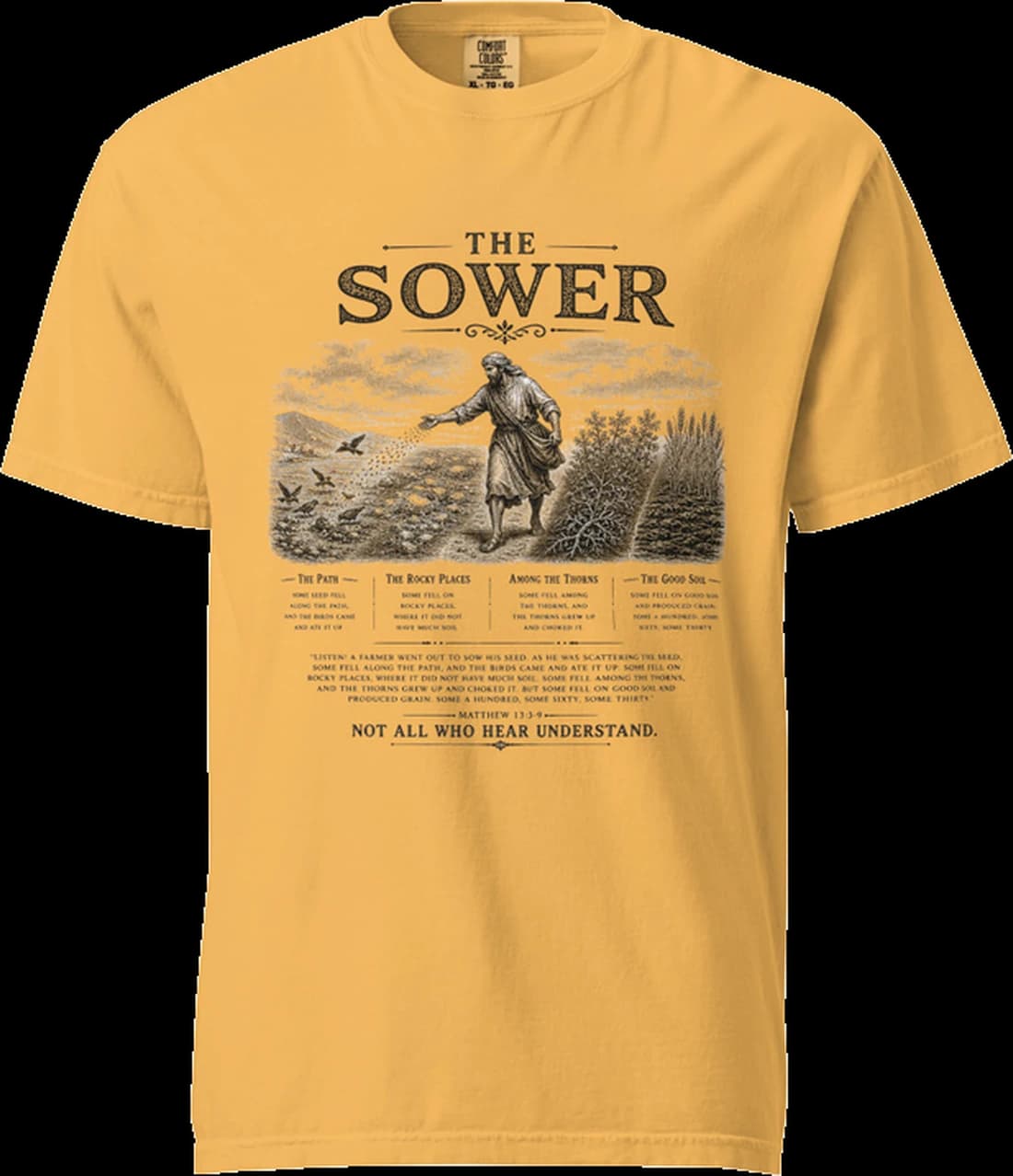 The Sower Box Print — vintage engraved parable artwork on garment-dyed cotton